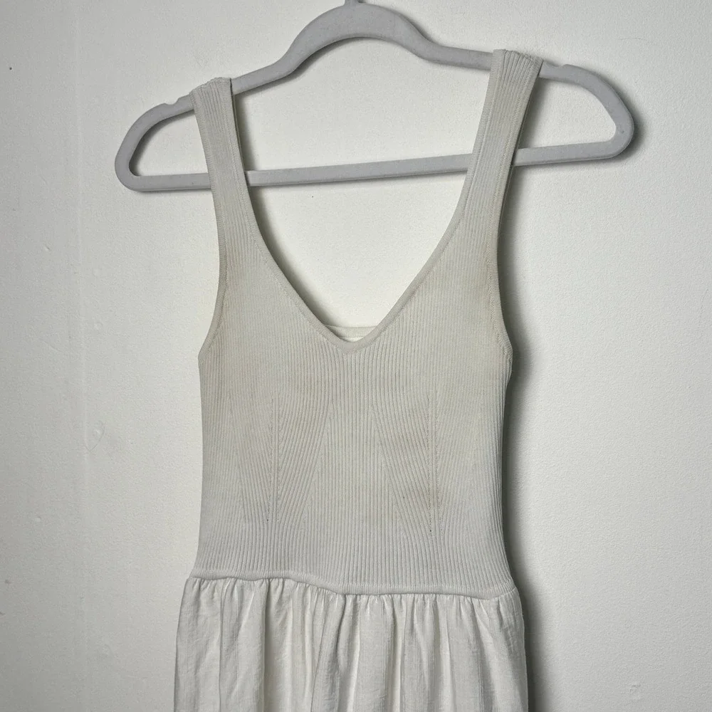 &merci White V-Neck Ribbed Knit Mixed Media Tiered Maxi Dress with Pockets M - Picture 2 of 8